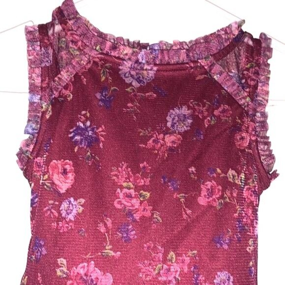 Floral Burgundy Girls Dress With Mesh Overlay & Ruffled Accents By Zenzie Size S - Picture 3 of 9